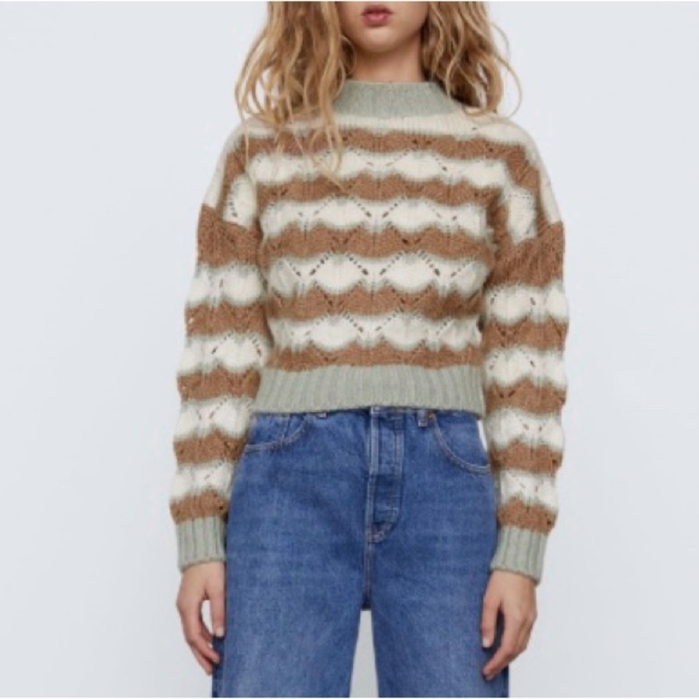 NWT Zara Striped Pointelle Knit Alpaca Wool Blend Sweater Ivory Tan Sage S